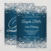 Silver Glitter Ocean Blue Ombre Fancy Monogram Kaart (Voorkant / Achterkant)