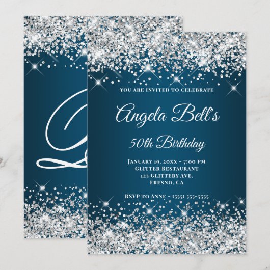 Silver Glitter Ocean Blue Ombre Fancy Monogram Kaart (Voorkant / Achterkant)