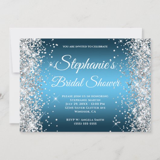Silver Glitter Ocean Sky Blue Ombre Fancy Monogram Kaart (Voorkant)