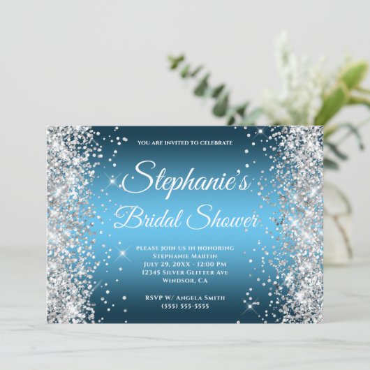 Silver Glitter Ocean Sky Blue Ombre Fancy Monogram Kaart (Staand voorkant)