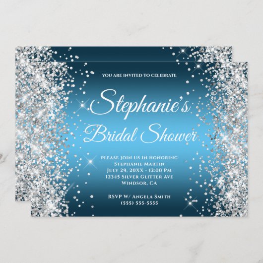 Silver Glitter Ocean Sky Blue Ombre Fancy Monogram Kaart (Voorkant / Achterkant)