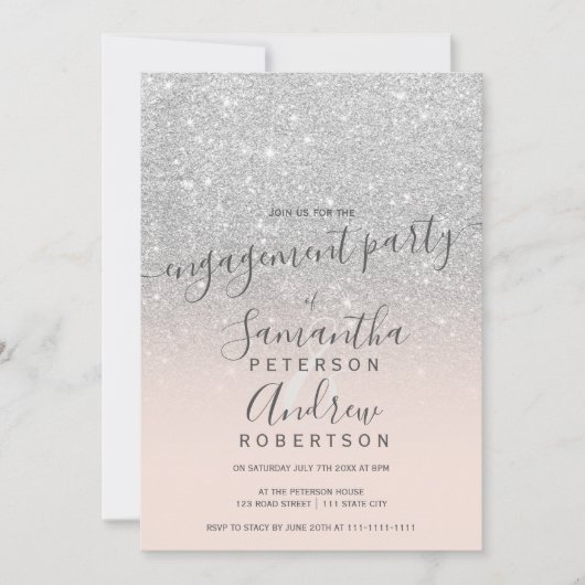 Silver glitter ombre blush roze script verloving kaart (Voorkant)