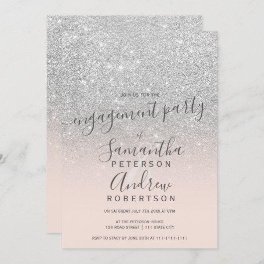 Silver glitter ombre blush roze script verloving kaart (Voorkant / Achterkant)