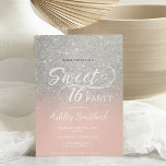 Silver glitter ombre blush roze Sweet 16 Kaart<br><div class="desc">Een modern,   faux zilveren glitter douchecombre met pastelzwart roze kleurenblok Sweet 16 verjaardagsfeestuitnodiging met elegante typografie met een roze ombre patroon. Ideaal voor een prinses Sweet-zestien.</div>