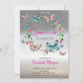 Silver Glitter Ombre, Butterfly Stippen Quinceaner Kaart (Voorkant)