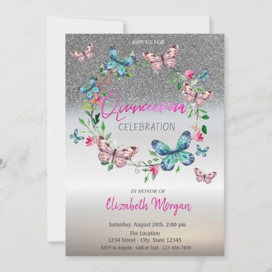 Silver Glitter Ombre, Butterfly Stippen Quinceaner Kaart (Voorkant)