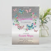 Silver Glitter Ombre, Butterfly Stippen Quinceaner Kaart (Staand voorkant)