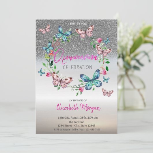 Silver Glitter Ombre, Butterfly Stippen Quinceaner Kaart (Staand voorkant)