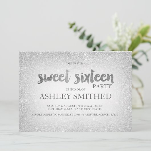 Silver glitter ombre chic modern Sweet 16 Kaart (Staand voorkant)
