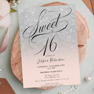 Silver glitter ombre chic script roze Sweet 16 Kaart