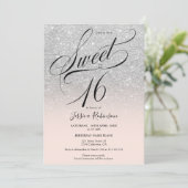Silver glitter ombre chic script roze Sweet 16 Kaart (Staand voorkant)