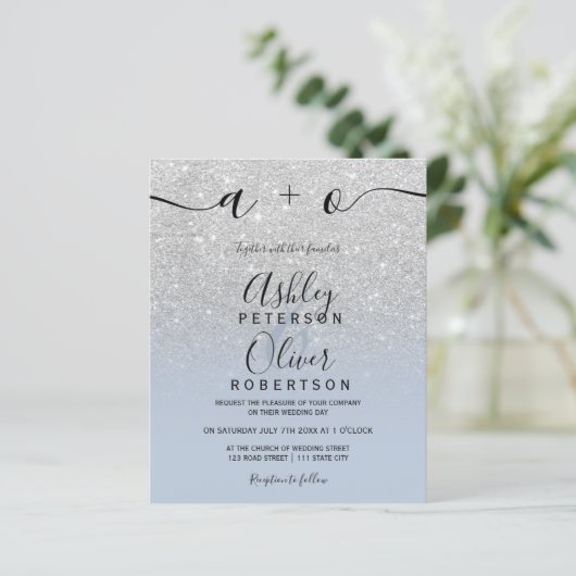 Silver glitter ombre dusty blue budget bruiloft (Staand voorkant)