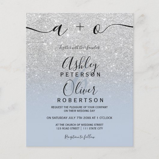 Silver glitter ombre dusty blue budget bruiloft (Voorkant)