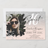 Silver glitter ombre floral roze foto Sweet 16 Kaart (Voorkant)