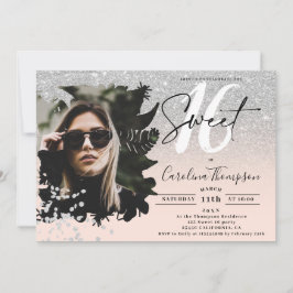 Silver glitter ombre floral roze foto Sweet 16 Kaart