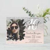 Silver glitter ombre floral roze foto Sweet 16 Kaart (Staand voorkant)
