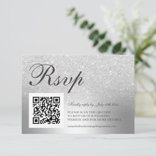 Silver glitter ombre folie RSVP Qr code bruiloft (Staand voorkant)