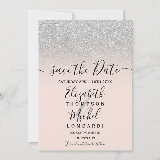 Silver glitter ombre het manuscript blauw sparen d save the date (Voorkant)