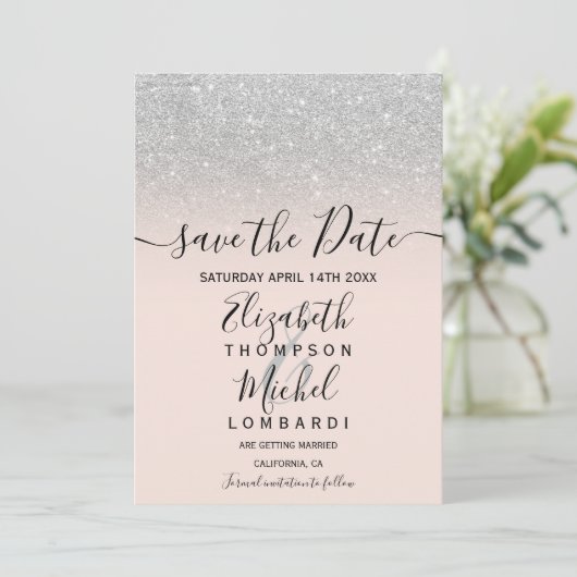 Silver glitter ombre het manuscript blauw sparen d save the date (Staand voorkant)