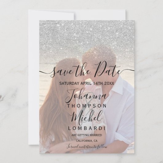 Silver glitter ombre het manuscriptfoto sparen de  save the date (Voorkant)