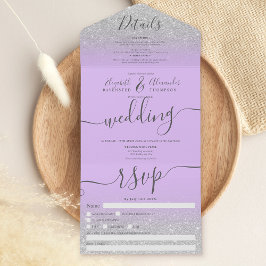 Silver glitter ombre lavender script bruiloft all in one uitnodiging