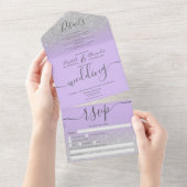 Silver glitter ombre lavender script bruiloft all in one uitnodiging (Afscheurbaar)