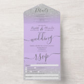 Silver glitter ombre lavender script bruiloft all in one uitnodiging (Binnen)
