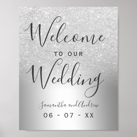 Silver glitter ombre metallic bruiloft welkom poster (Voorkant)