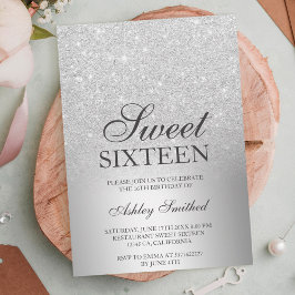 Silver glitter ombre metallic chic Sweet 16 Kaart