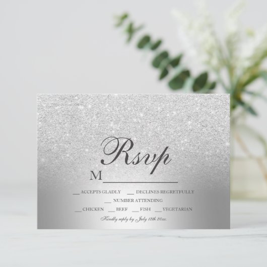 Silver glitter ombre metallic folie RSVP bruiloft Kaartje (Staand voorkant)