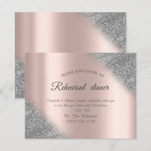 Silver Glitter Ombre Roos Gold Rehearsal Dinner Kaart (Voorkant / Achterkant)