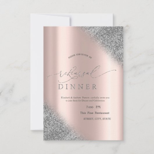 Silver Glitter Ombre Roos Gold Rehearsal Dinner Kaart (Voorkant)