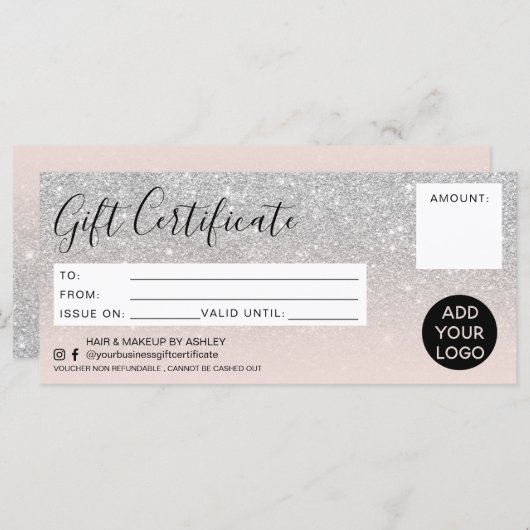 Silver glitter ombre roze gift certificate logo (Voorkant / Achterkant)