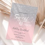 Silver glitter ombre roze typografie Sweet 16 Kaart<br><div class="desc">Een modern,   faux zilveren glitter douchecombre met een roze kleurenblok Sweet 16 verjaardagsfeestuitnodiging met elegante typografie met een zilveren ombre-patroon dat op een aanpasbare achtergrond vervaagt. Ideaal voor een prinses Sweet-zestien.</div>