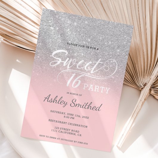 Silver glitter ombre roze typografie Sweet 16 Kaart