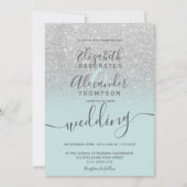 Silver glitter ombre sage green script wedding kaart (Voorkant)