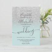 Silver glitter ombre sage green script wedding kaart (Staand voorkant)