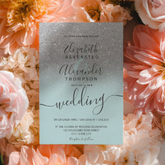 Silver glitter ombre sage green script wedding kaart
