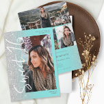 Silver glitter ombre script blauwgroen 4 foto's Sw Kaart<br><div class="desc">Modern chic Silver Glitter ombre gradiënt zorgt voor een blauwgroen ijskblauw Sweet 16 verjaardagsfeestuitnodiging. Voeg 4 van uw favoriete foto's met een modern geborsteld stijldoopvont en een collage van het fotonet toe.</div>