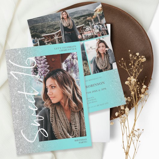 Silver glitter ombre script blauwgroen 4 foto's Sw Kaart