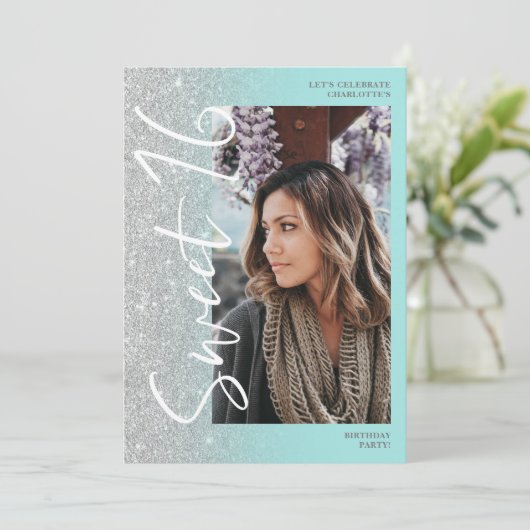 Silver glitter ombre script blauwgroen 4 foto's Sw Kaart (Staand voorkant)