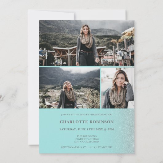 Silver glitter ombre script blauwgroen 4 foto's Sw Kaart (Achterkant)