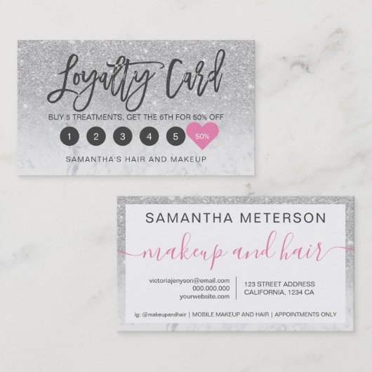 Silver glitter ombre script makeup marmer klantenkaartje (Voorkant / Achterkant)