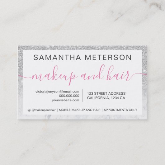 Silver glitter ombre script makeup marmer klantenkaartje (Achterkant)