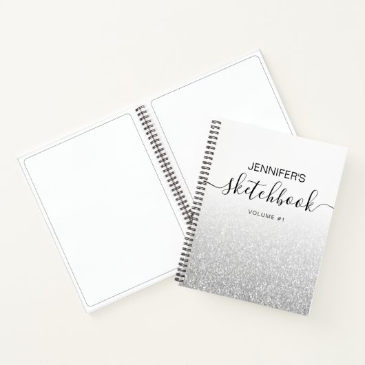 Silver Glitter Ombre Sketchbook Name Notitieboek (Binnen)
