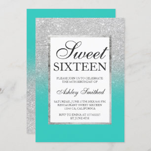Silver glitter ombre turquoise chic Sweet 16 Kaart