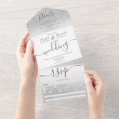 Silver glitter ombre white script bruiloft all in one uitnodiging (Afscheurbaar)