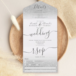 Silver glitter ombre white script bruiloft all in one uitnodiging
