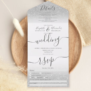 Silver glitter ombre white script bruiloft all in one uitnodiging