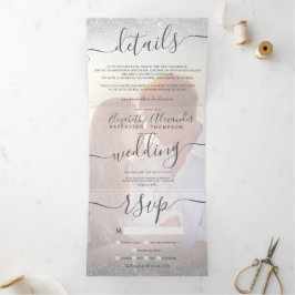 Silver glitter ombre White script foto bruiloft Drieluik Uitnodiging